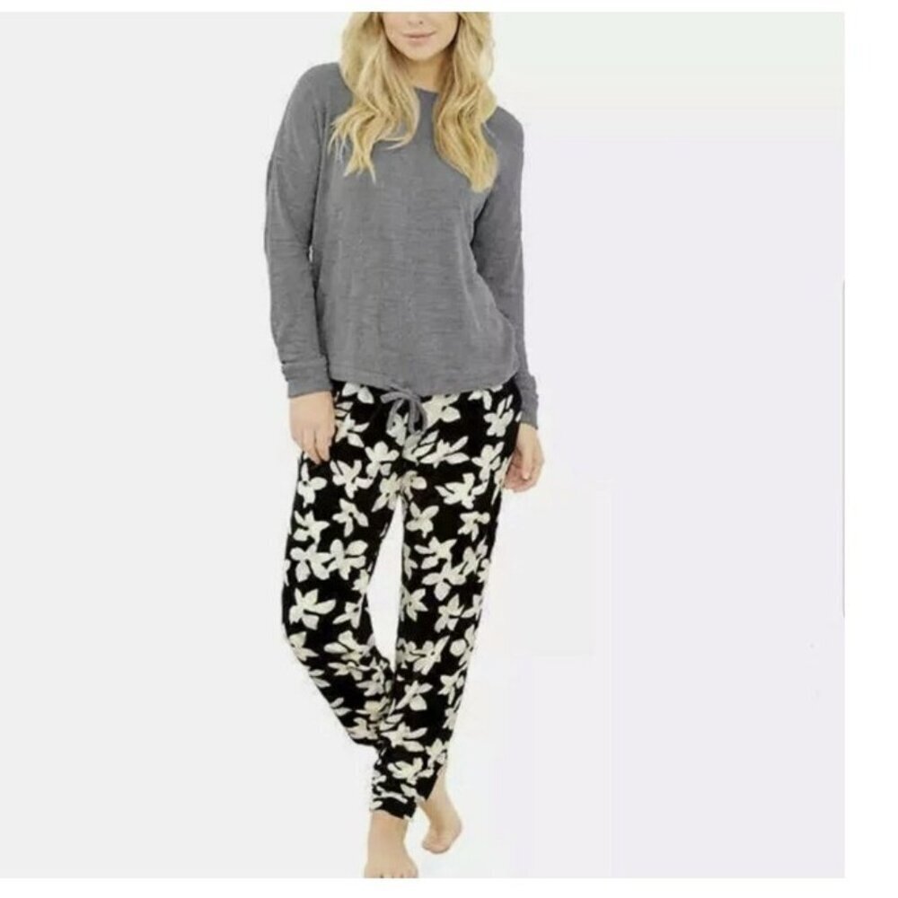 Three Dots 2 Piece Pajama Set With Eye Mask Knit Velour Black White Floral New